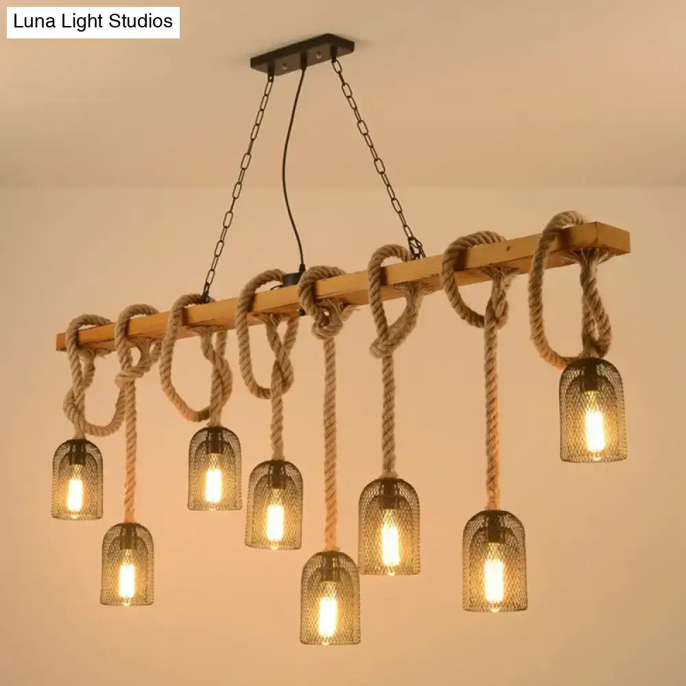 Industrial wood and hemp rope hanging lamp kitchen island light
