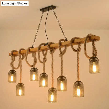 Industrial wood and hemp rope hanging lamp kitchen island light
