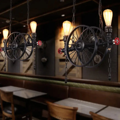 Industrial black wagon wheel metallic pendant light for dining room