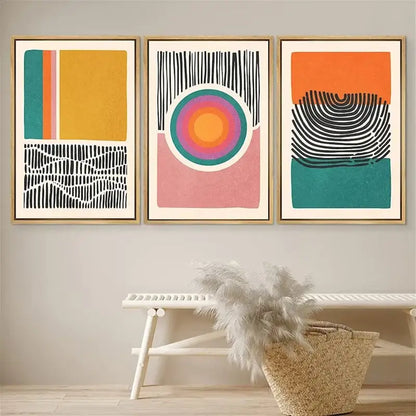 Mid century abstract color block wall art set living room decor