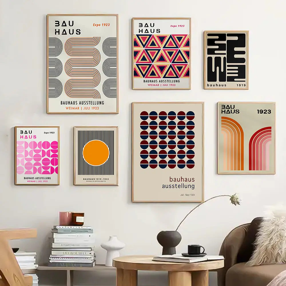 Mid century yellow & pink geometric canvas – living room framed art