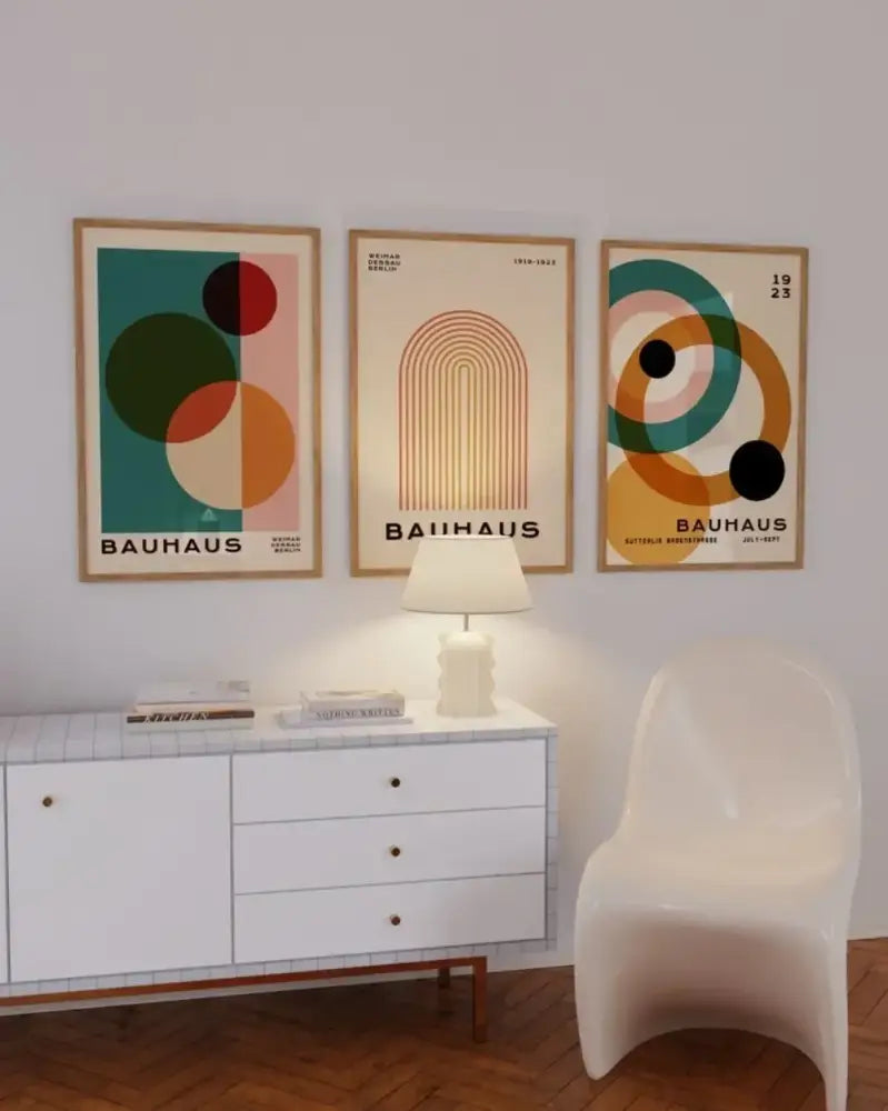 Mid century modern bauhaus geometric wall art set living room decor