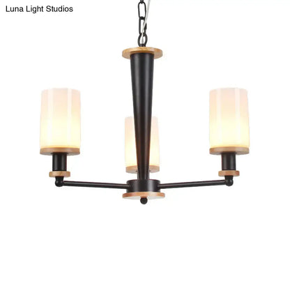 Mid-century black & wood opal frosted glass chandelier dining room