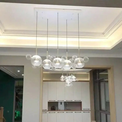 Modern brass bubble cluster pendant light – dining room clear glass