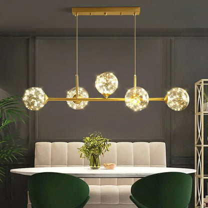 Minimalist brass led fairy light clear glass sphere dining room pendant