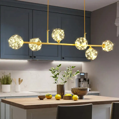 Minimalist brass led fairy light clear glass sphere dining room pendant