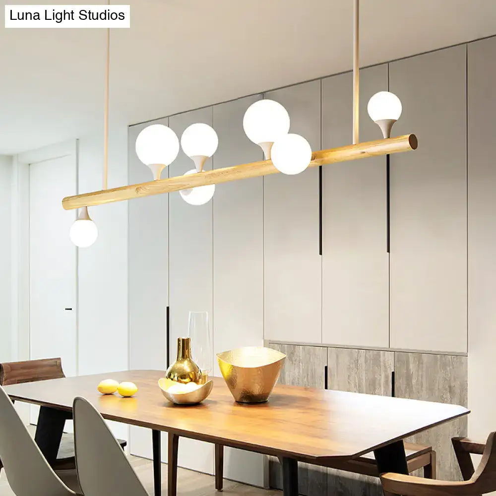 Modern wood linear hanging island light – kitchen opal glass globes