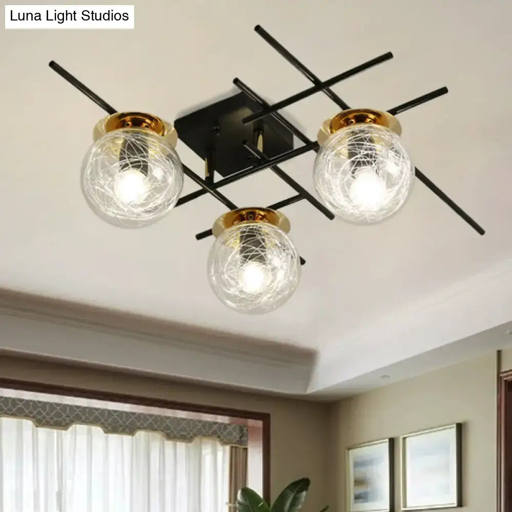 Modern black and smoke gray glass 3-light ceiling fixture for bedroom
