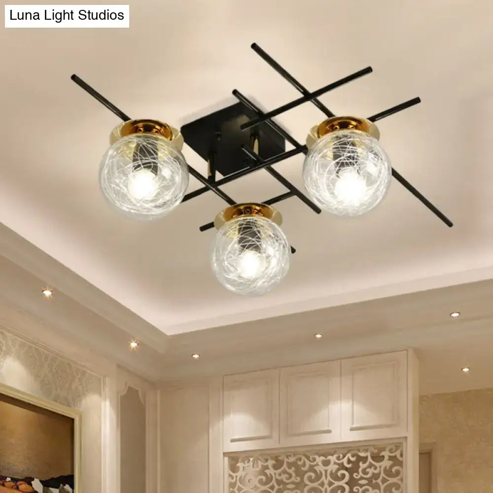 Modern black and smoke gray glass 3-light ceiling fixture for bedroom