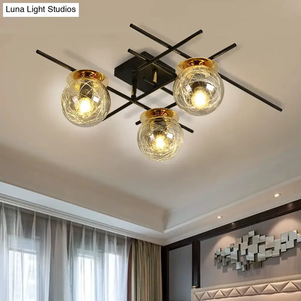 Modern black and smoke gray glass 3-light ceiling fixture for bedroom