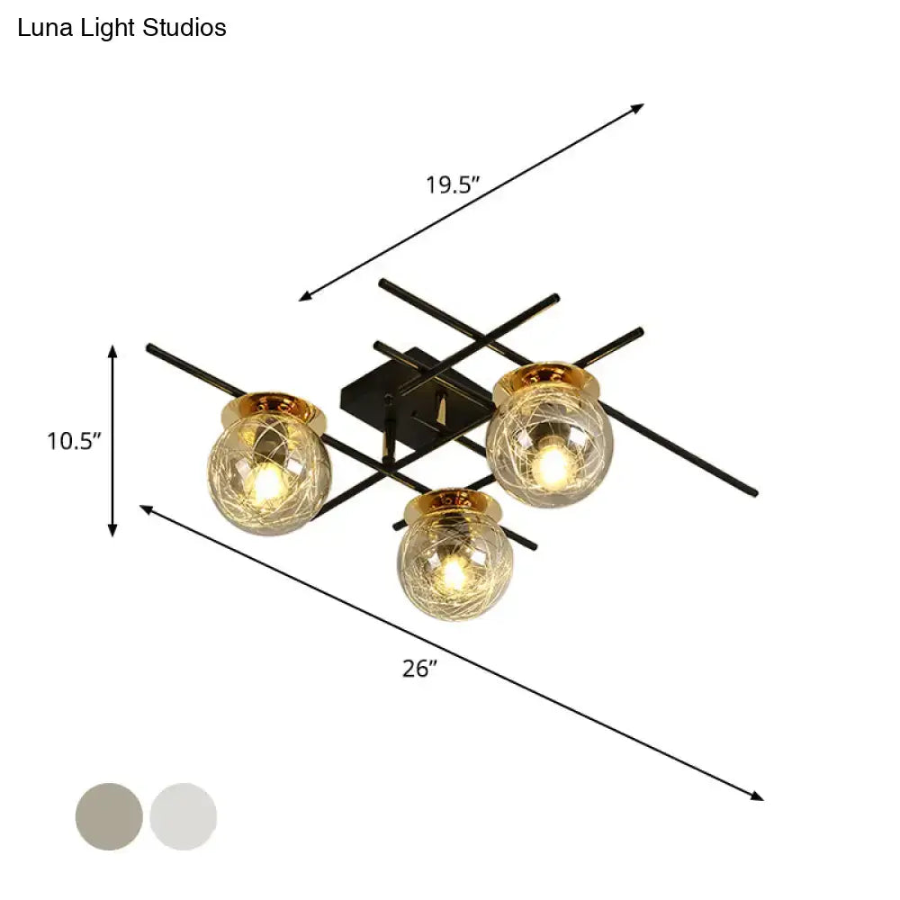Modern black and smoke gray glass 3-light ceiling fixture for bedroom