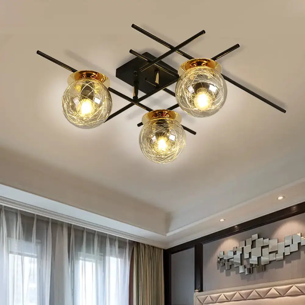 Modern black and smoke gray glass 3-light ceiling fixture for bedroom