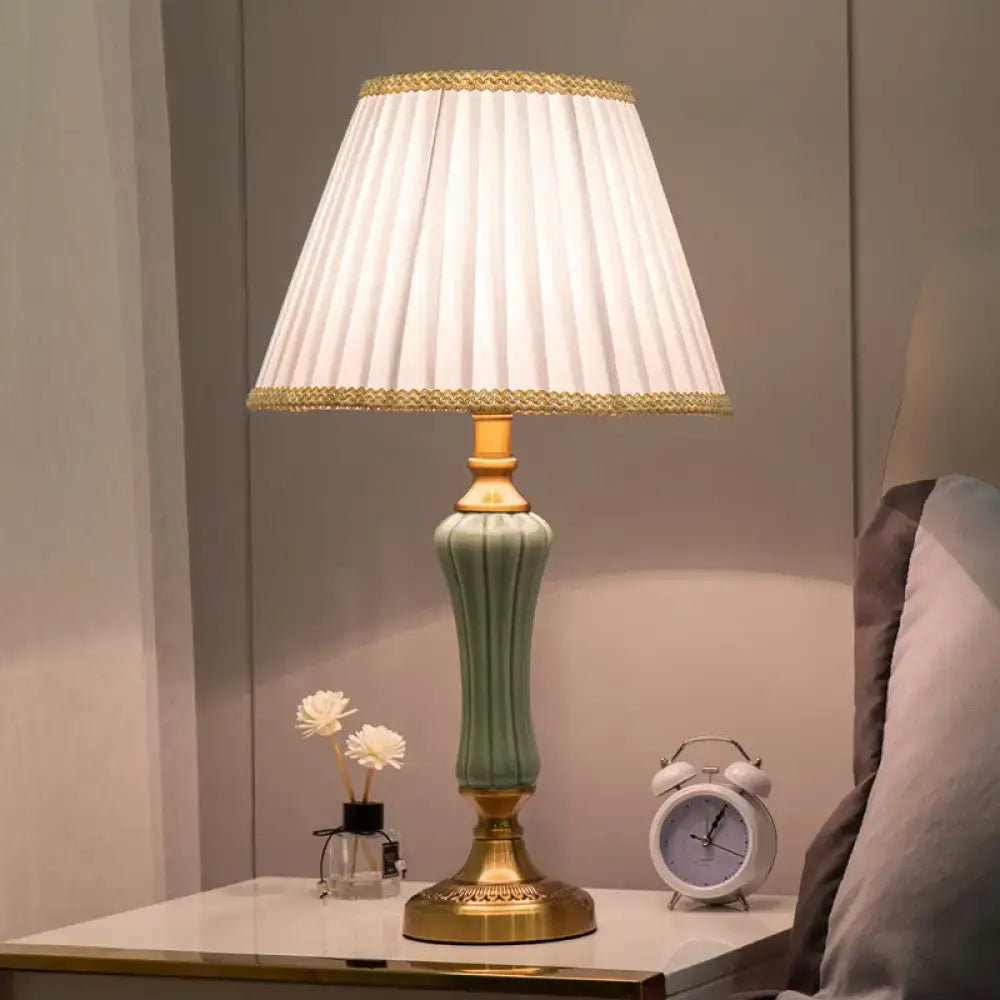 Modern light green ceramic bedroom lamp with e26 e27 pleated shade