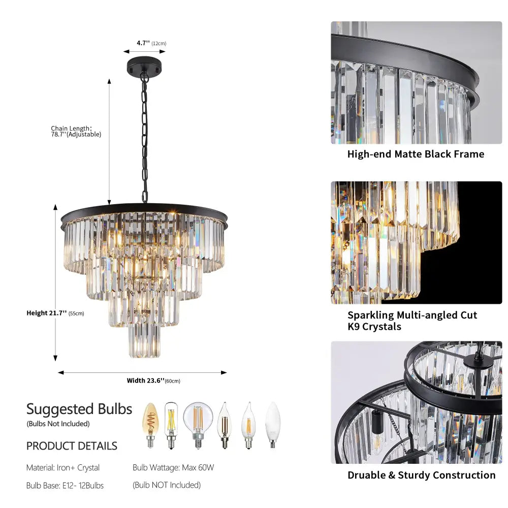 Modern 4 tier black crystal chandelier dining room pendant light