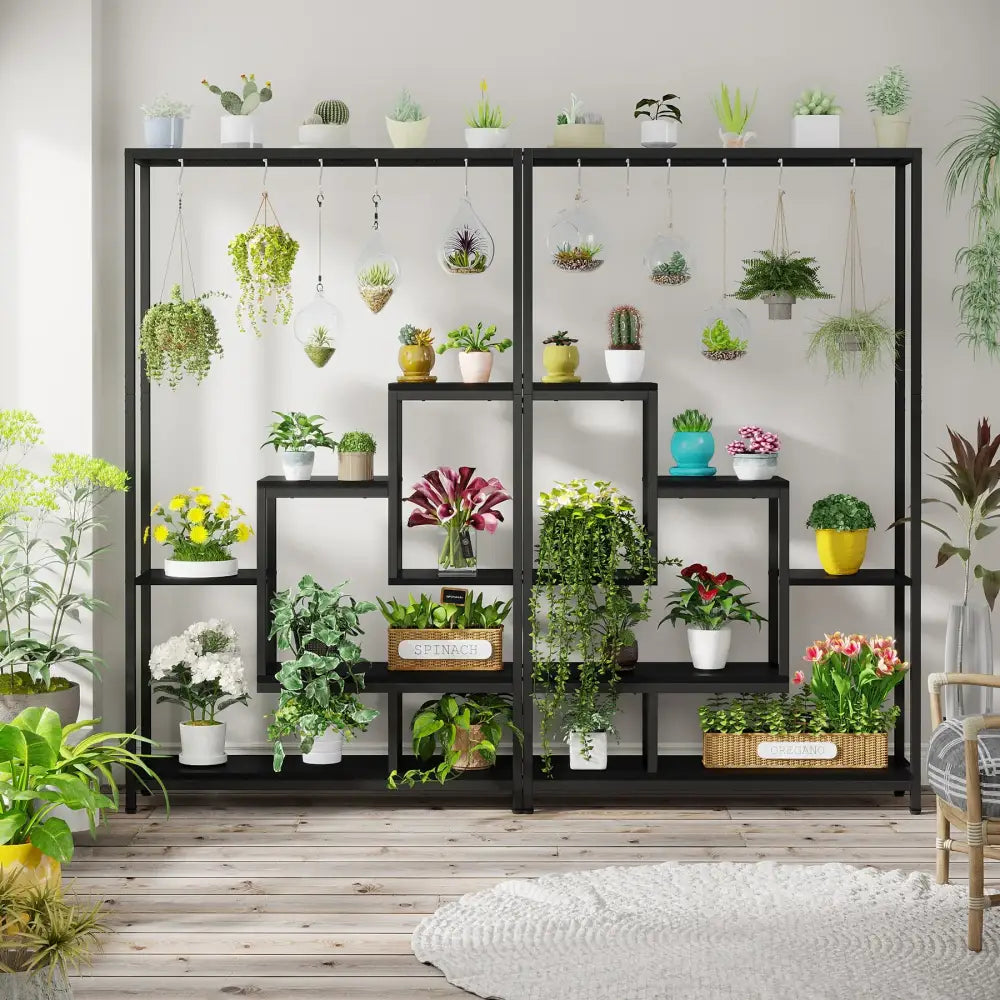 Modern black metal and wood 5 tier indoor plant stand living room