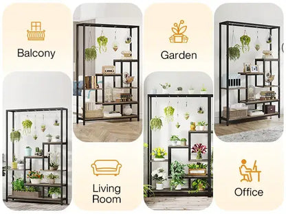 Modern black metal and wood 5 tier indoor plant stand living room