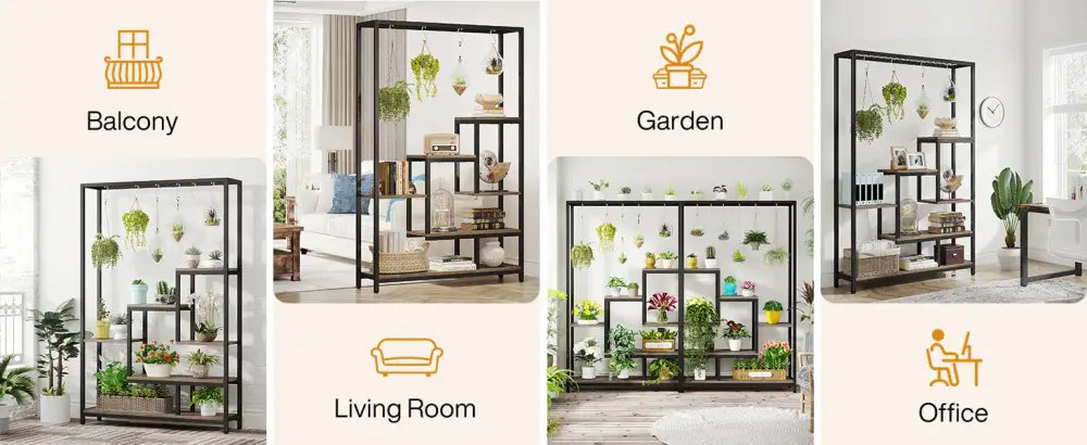 Modern black metal and wood 5 tier indoor plant stand living room