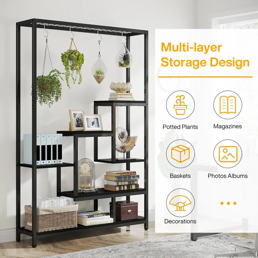 Modern black metal and wood 5 tier indoor plant stand living room