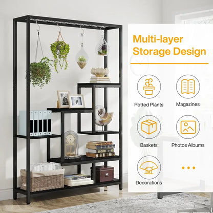 Modern black metal and wood 5 tier indoor plant stand living room