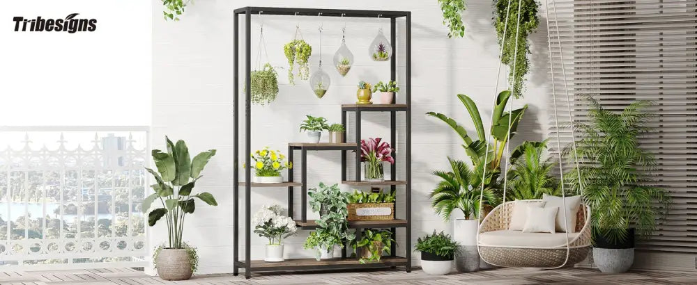 Modern black metal and wood 5 tier indoor plant stand living room