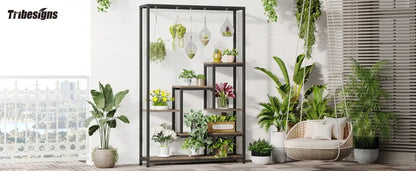 Modern black metal and wood 5 tier indoor plant stand living room