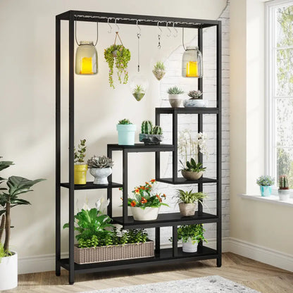Modern black metal and wood 5 tier indoor plant stand living room