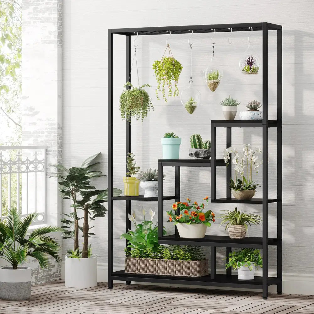 Modern black metal and wood 5 tier indoor plant stand living room