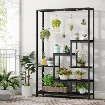 Modern black metal and wood 5 tier indoor plant stand living room