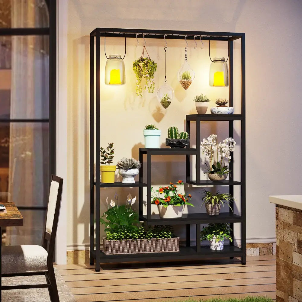 Modern black metal and wood 5 tier indoor plant stand living room