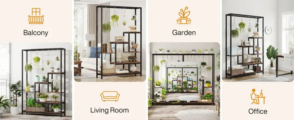 Modern black metal and wood 5 tier indoor plant stand living room