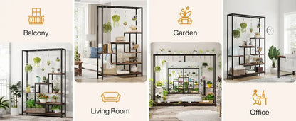 Modern black metal and wood 5 tier indoor plant stand living room