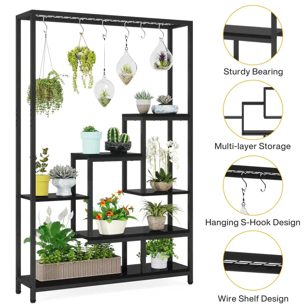 Modern black metal and wood 5 tier indoor plant stand living room