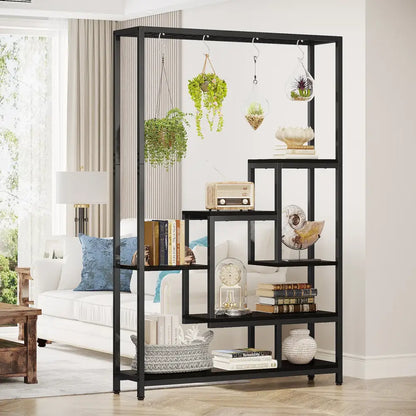 Modern black metal and wood 5 tier indoor plant stand living room