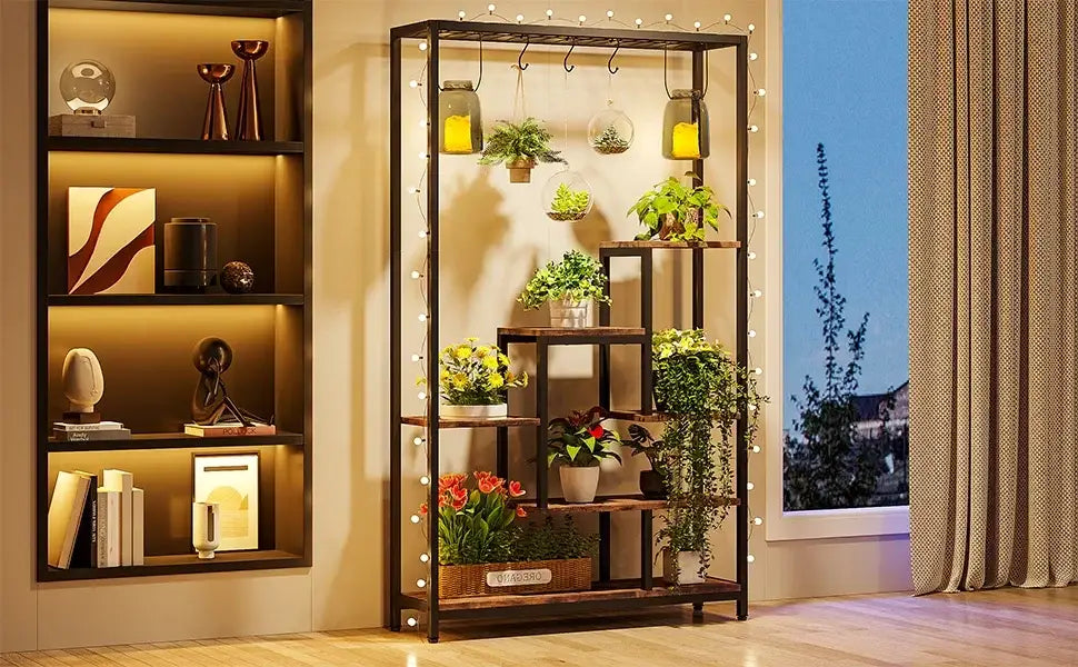 Modern black metal and wood 5 tier indoor plant stand living room