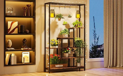 Modern black metal and wood 5 tier indoor plant stand living room