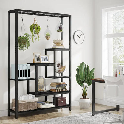 Modern black metal and wood 5 tier indoor plant stand living room