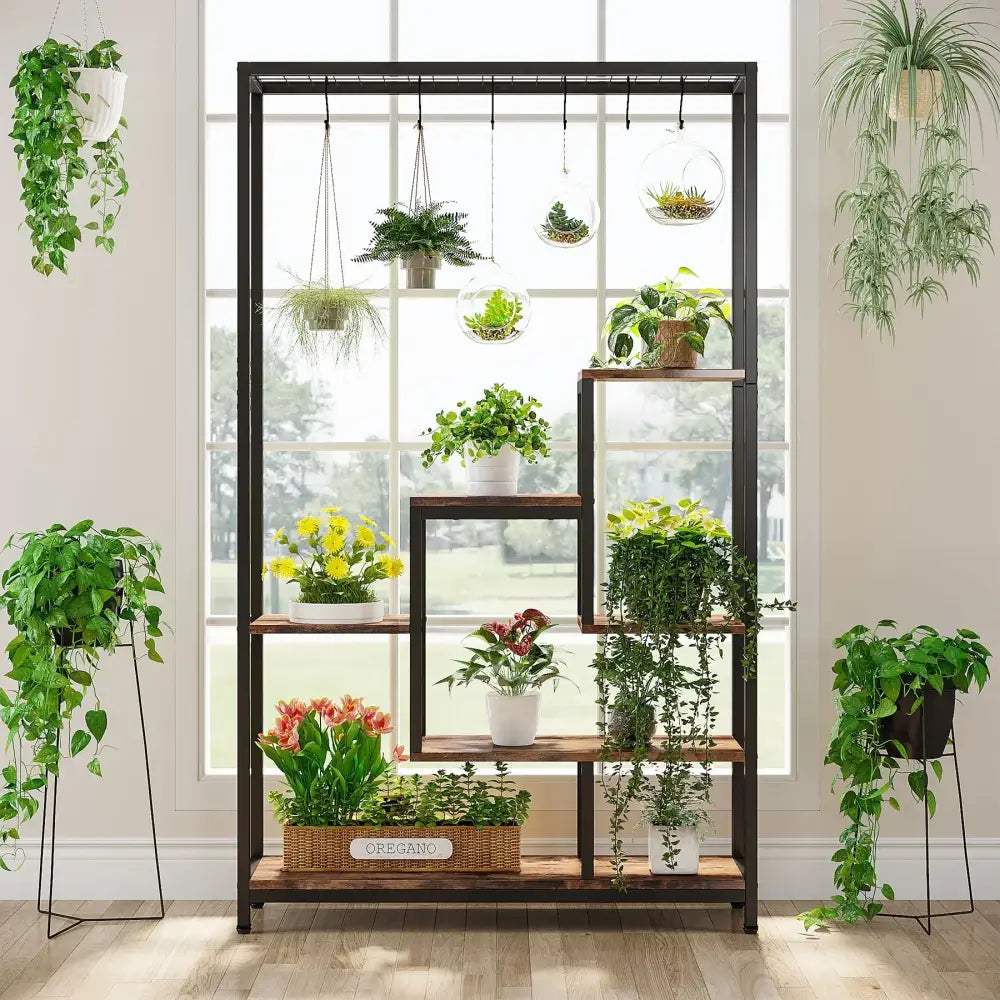 Modern black metal and wood 5 tier indoor plant stand living room