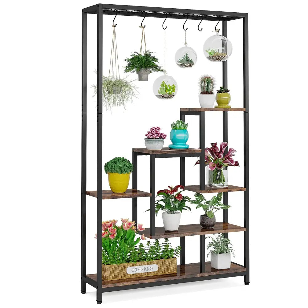 Modern black metal and wood 5 tier indoor plant stand living room