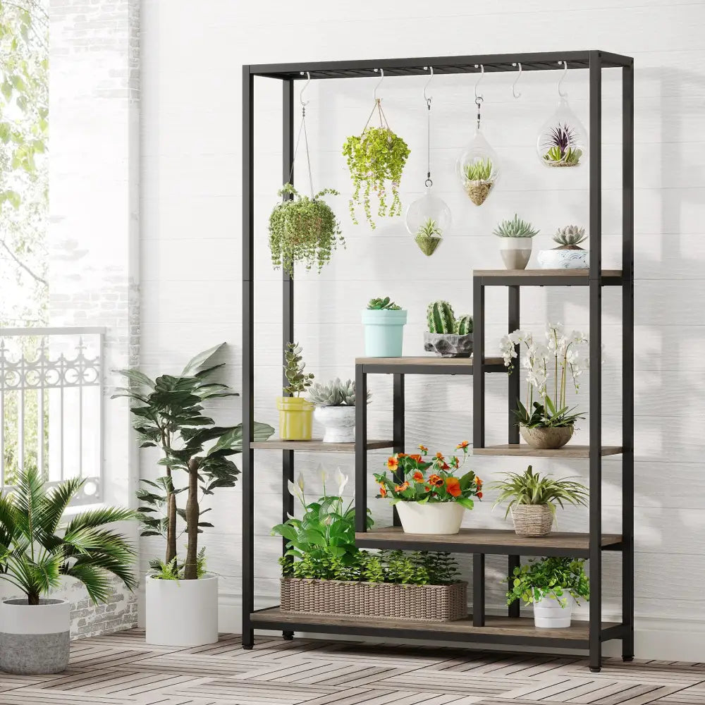 Modern black metal and wood 5 tier indoor plant stand living room