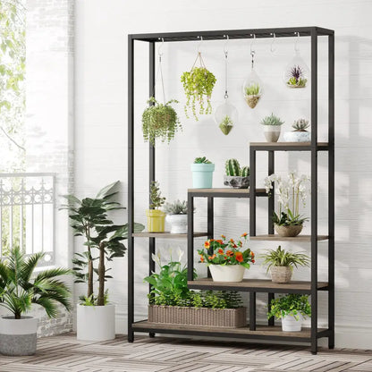 Modern black metal and wood 5 tier indoor plant stand living room