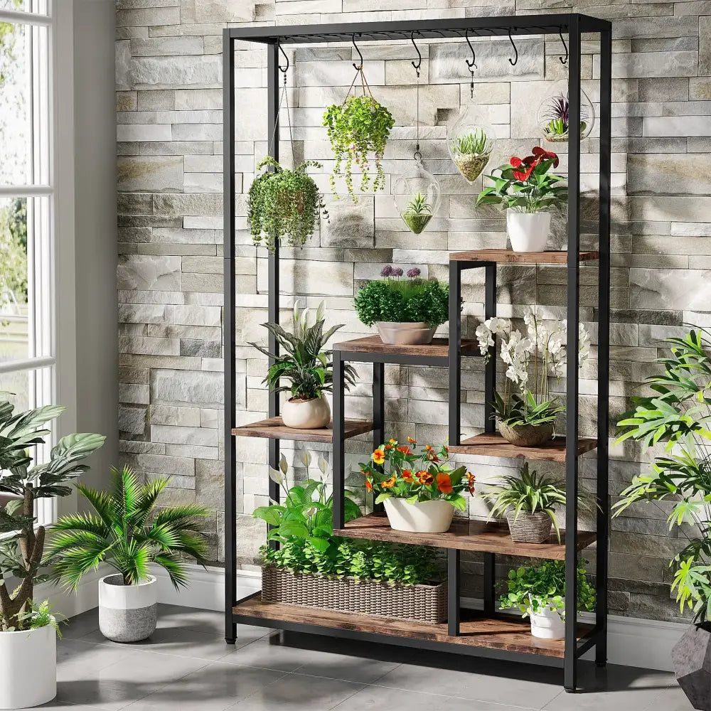 Modern black metal and wood 5 tier indoor plant stand living room