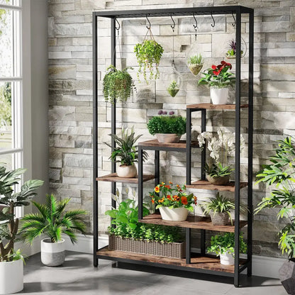 Modern black metal and wood 5 tier indoor plant stand living room