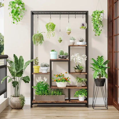 Modern black metal and wood 5 tier indoor plant stand living room