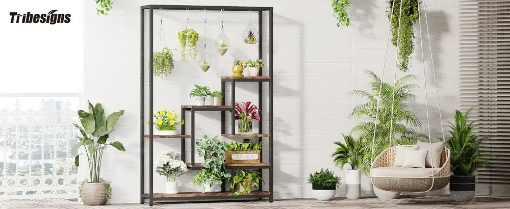 Modern black metal and wood 5 tier indoor plant stand living room