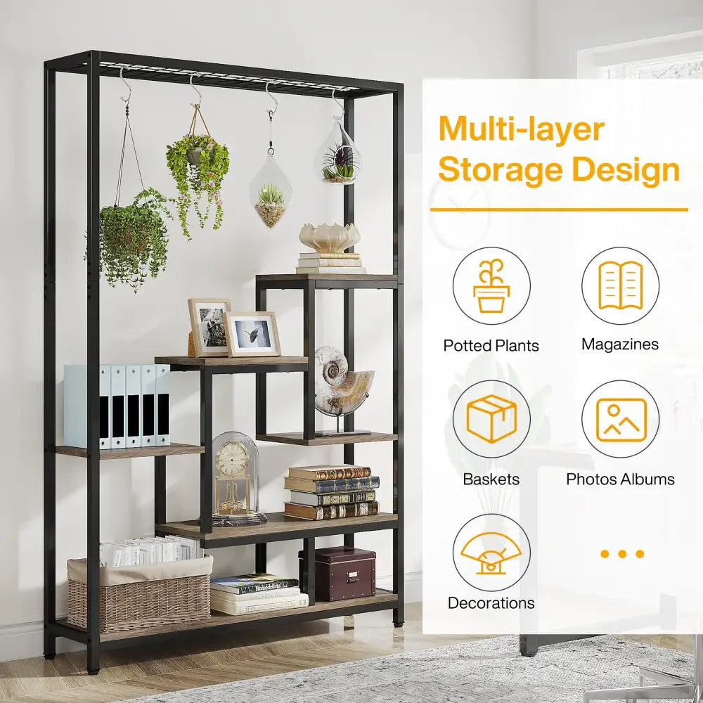 Modern black metal and wood 5 tier indoor plant stand living room