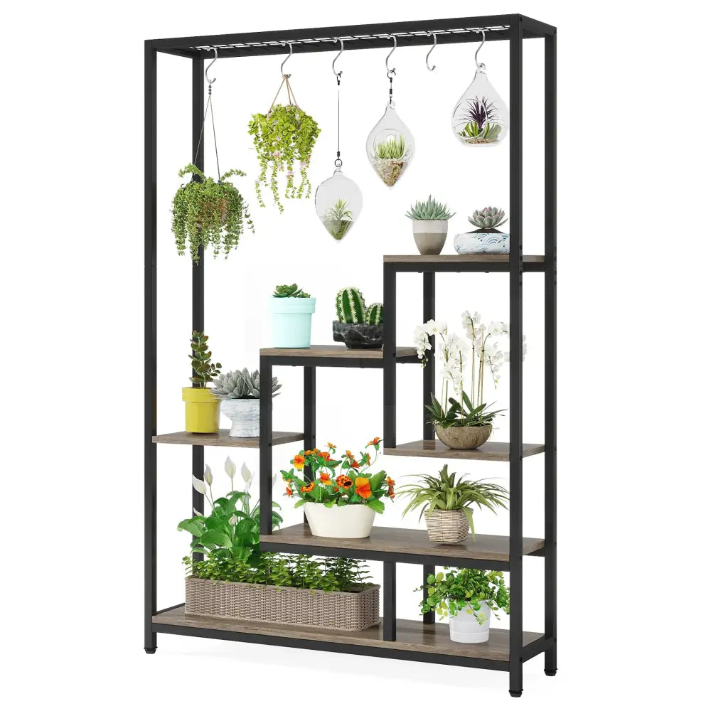 Modern black metal and wood 5 tier indoor plant stand living room