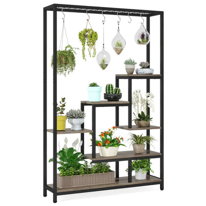 Modern black metal and wood 5 tier indoor plant stand living room