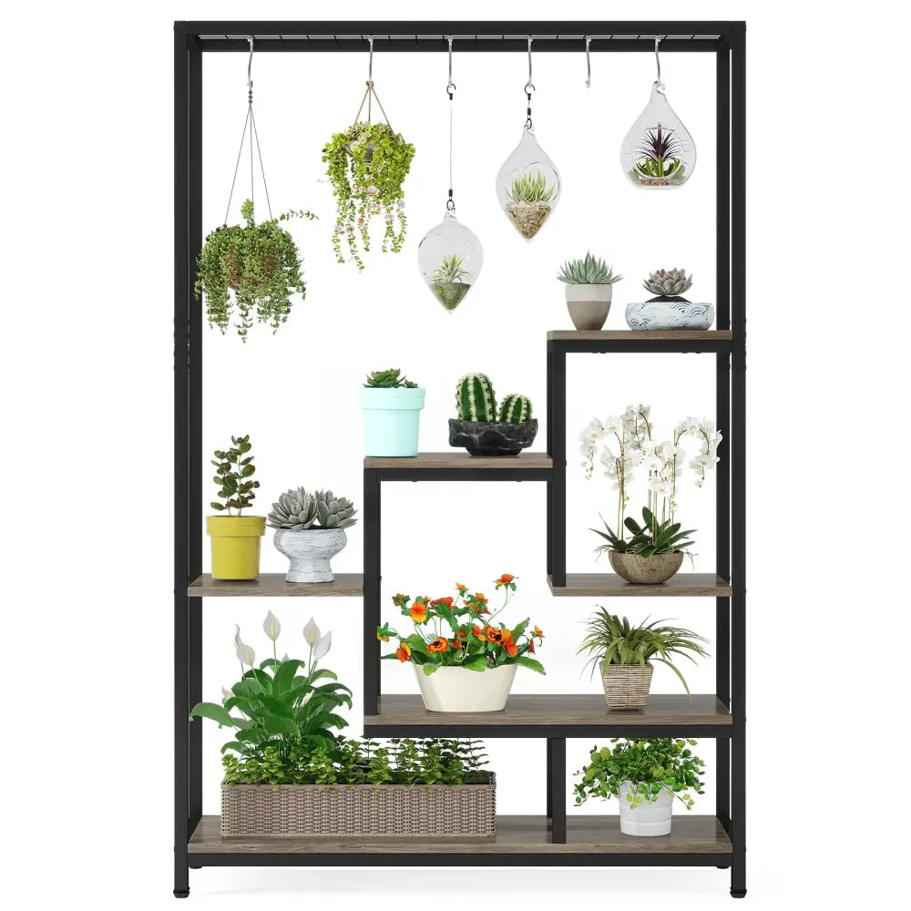 Modern black metal and wood 5 tier indoor plant stand living room