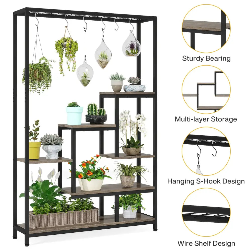 Modern black metal and wood 5 tier indoor plant stand living room