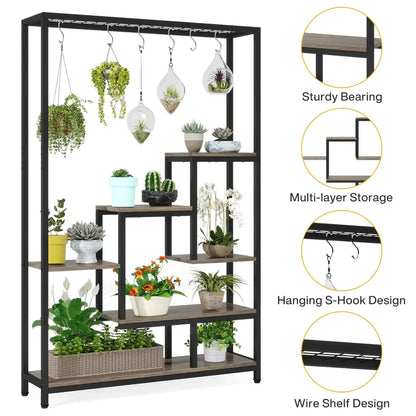Modern black metal and wood 5 tier indoor plant stand living room